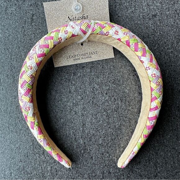 NWT Natasha Couture Multi-color Braided Plaid Raffia Straw Chunky Boho Headband - Picture 4 of 13